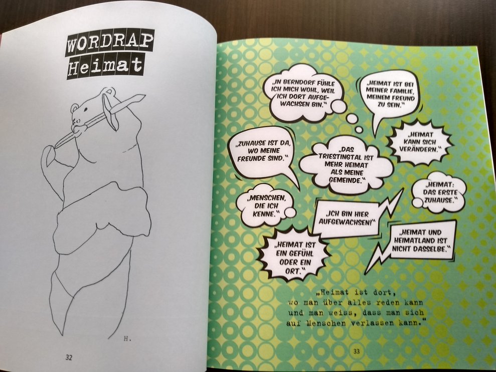 Bilder und verschiedene Sprechblasen im Buch.